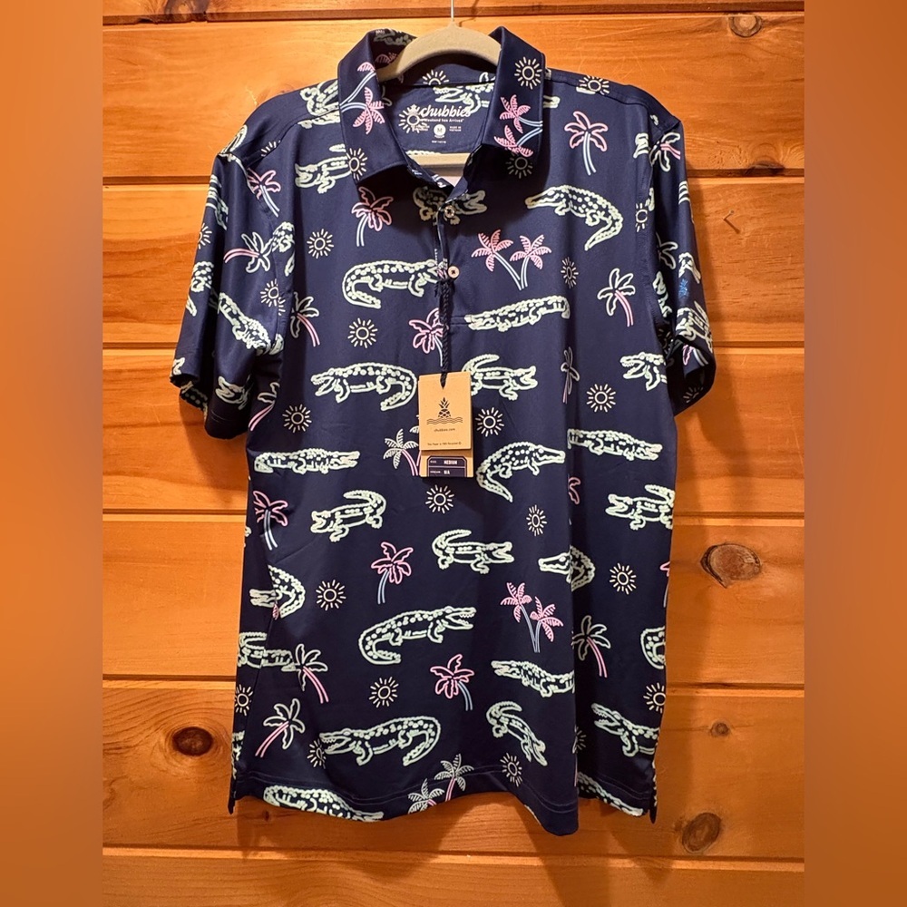 chubbies The Neon Glade Polo 2.0 Mint Green Alligator Pink Palm Print Size M NWT